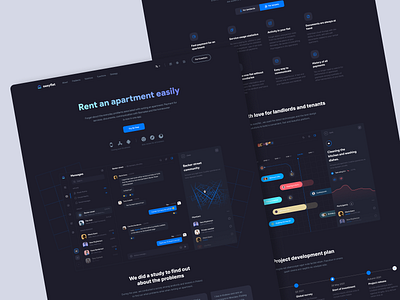 easyflat landing page black clean dark mode dark theme flat flat design house messages messenger rent taks webdesign