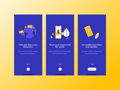 Onboarding Pages app application blue design illustration mobile mobile screen onboarding social social media social media app ui vector yellow