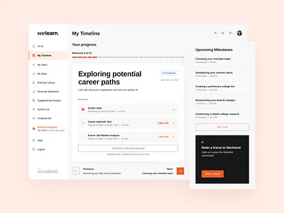 Weadmit - Dashboard animation brand identity branding college dashboard design edtech learning logo parents startup student timeline ui ux vector