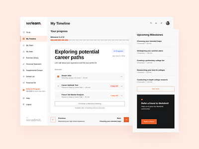 Weadmit - Dashboard animation brand identity branding college dashboard design edtech learning logo parents startup student timeline ui ux vector