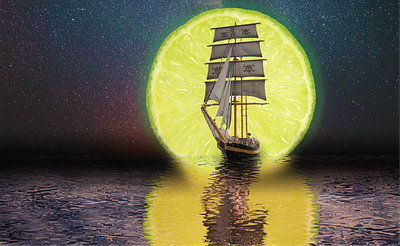 Surreal pirate ship sailing under a Key Lime Moon beer art branding craft beer design illustration lime logo moon package design photoshop pirate space star surreal surrealism vector