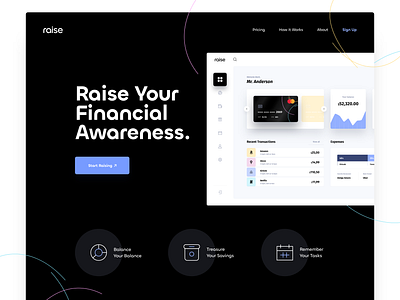 raise website concept balance bank banking charts clean credit card dark dashboard expenses homepage money raise transactions ui design ux design website