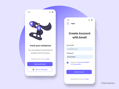 A Sign up page for a Cell Phone Tracker App app design ui ux