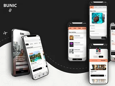 BUNIC - group trip with your friend app app design black branding design flight flightbooking hotel illustration logo minimal orange ui user experience user interface ux visual design
