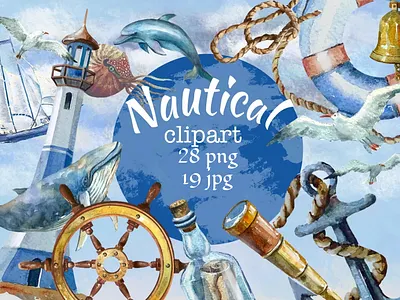 Nautical lighthouse .Marine watercolor set