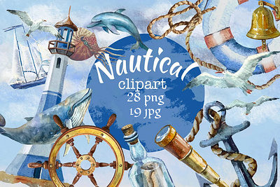 Nautical lighthouse .Marine watercolor set