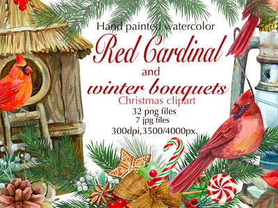 Red Cardinal and winter bouquets