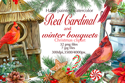 Red Cardinal and winter bouquets