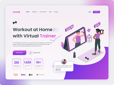 LoseIt Virtual Workout Landing Page clean fitness fitness app fitness landing page graphics design illustration landing page landing page ui minimal responsive ui uiux ux website ui workout landing page workout website