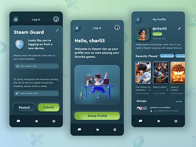 Steam App Redesign dark gaming glass neumorphic neumorphism ui ux