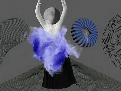 Grey-blue poster with woman moon around abstract figures. The co