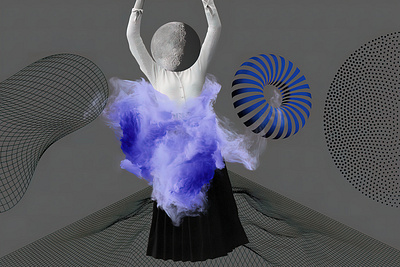 Grey-blue poster with woman moon around abstract figures. The co