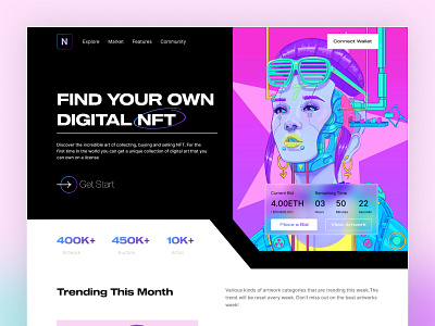 Expensive Neon NFT Art Gallery 2 Landing Page all blockchain cpdesign creativepeoples crypto exchange cryptoart dark ethereum glassmorphism glow ico landing page neon nft nft art rarible token trending wallet web design