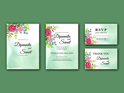 Wedding invitation template design with watercolor flower golden frame