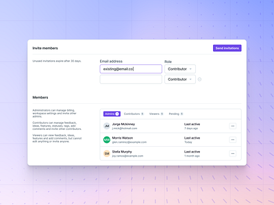 Workspace invites & members management figma invite product design purple saas ui user management workspace