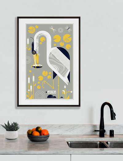 Heron in Marshlands animal bird design fish geometric heron illustration marsh swamp texture vector