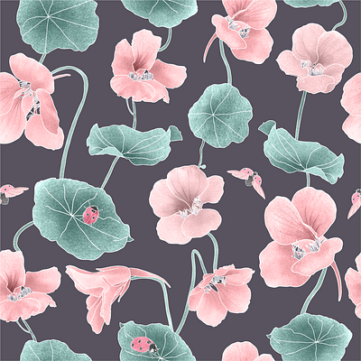 Summer Floral - Nasturtium botanical botanicalillustration fabric feminine floral greetingcards homedecor illustration nasturtium repeatpattern surfacepatterndesign vintage wallart wildlife