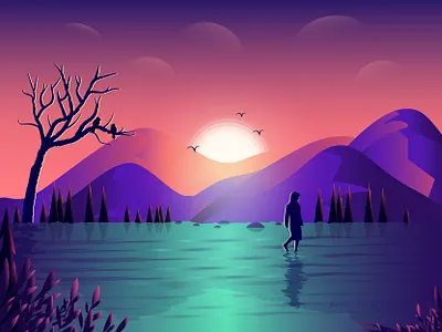 Lake and Mountains birds girl hero image illustration home page illustration illustration lake landscape landscape design landscapes mountains nature nature illustration sunset sunset illustration travel tree water web banner illustration