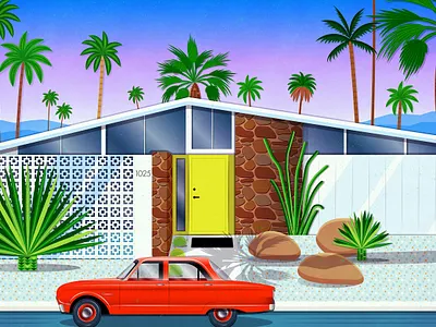 Apache Road 1025 architecture california desert digital art door drawing dream house home house illustration mid century mid century modern modern modernist home palm springs red car sunset vector vector art