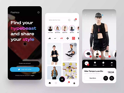 Fashico - Fashion Marketplace Mobile App animation app apparel card design fashion fashion store hype hypebeast interaction market marketplace mobile mobile app motion graphics prototype story tiktok ui website