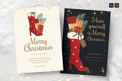 Christmas Card with Festive Stocking boot chrsitmas boot illustration card catalog christmas card clean design festive stocking gifts greatings illustration indesign invite magazine new yeaw print printable santa template xmas