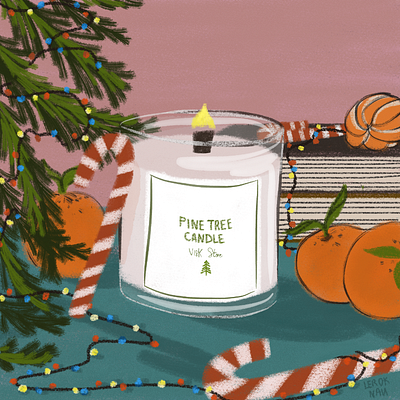 Candle art books digital drawing fairy lights illustration merry christmas orange pine