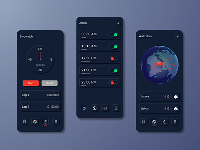 Paneu Clock alarm android app application clock clock app concept dark design graphic design highlight interface design ios mobile app neumorphic stopwatch timer ui ux world