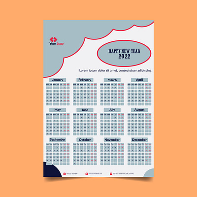 1 page Calendar 2022 adobe illustrator branding calendar calendar design creative date desk calendar graphic design logo modern month planner vector wall calendar year