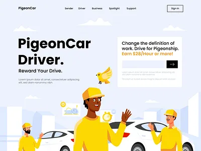 PigeonCar - Rent a Car Driver Illustration app design driver driver illustration flat illustration landing page taxi taxi online ui vector web design website