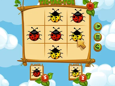 Interface Tic-Tac-Toe Game UI with players-colored ladybugs 2d game adobe illustration button buttons cartoon game game ui graphic design kids tic tac toe ui