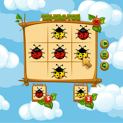 Interface Tic-Tac-Toe Game UI with players-colored ladybugs 2d game adobe illustration button buttons cartoon game game ui graphic design kids tic tac toe ui