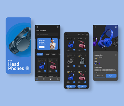 E-commerce headphone store mobile UI app blue branding darkmode design ecommerce headphone mobile mobile app mobile ui typography ui uiux ux webdesign