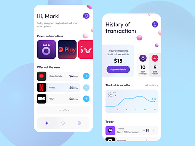 Subscription Management App beautiful app blue buttons blue colors bubble gum colors concept app cool palette graph light design pink colors purple and blue purple buttons subscription management subscriptions mobile app