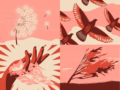 Four Winds Fest Artwork birds calming dandelion festival flashy four gig hands illustration music peaceful poster psychedelic tree vector winds windy woodblock