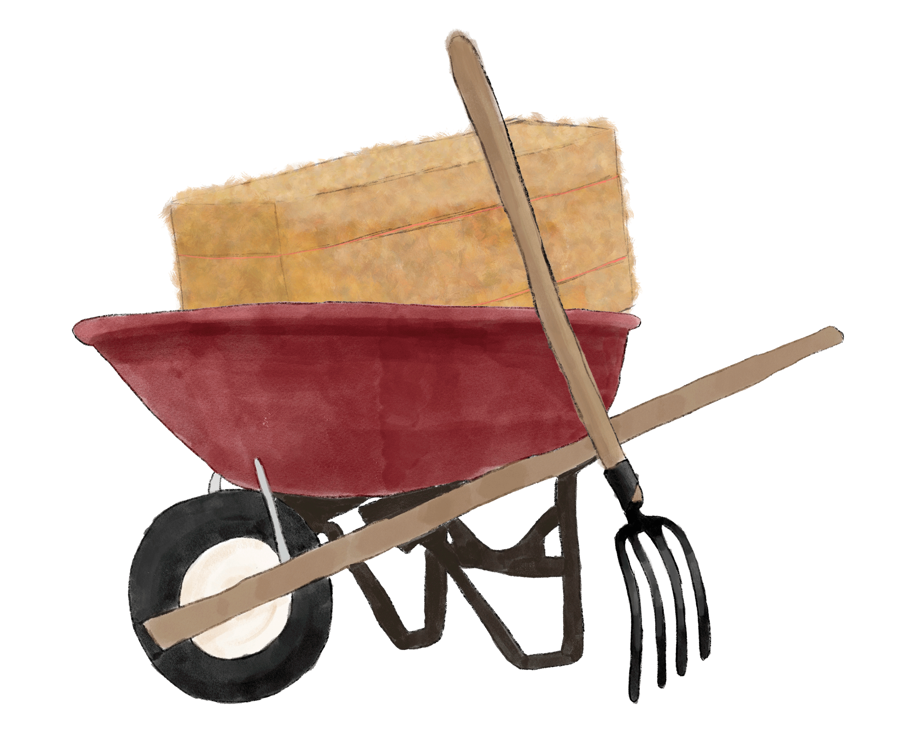 Chore time bale design graphic design hay illustration pitchfork procreate watercolour wheelbarrow