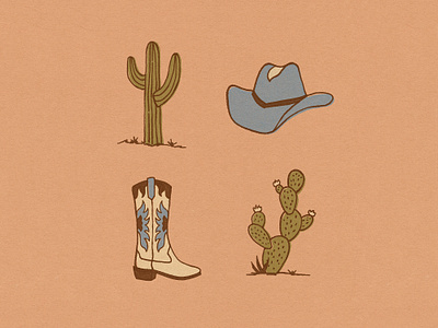 desert sketches boots cactus cowboy cowboy hat desert design hat illustration pink retro texture