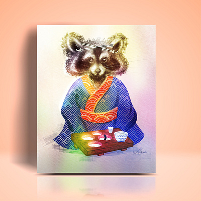 Raccoon in Asian kimono