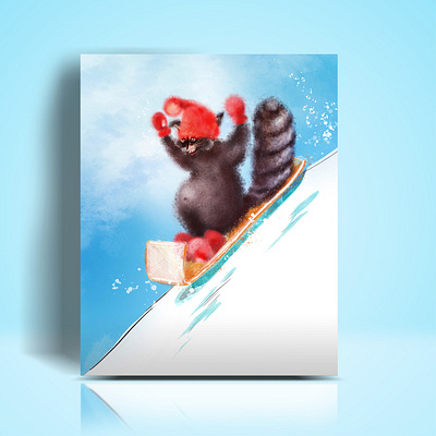 Funny raccoon sledding animal card christmas decor hat illustration raccoon red santa sledding snow white winter