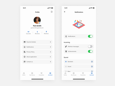 Learning platform - profile/notifications app design illustration mobile mobile app mobile app design notification profile screen ui ux