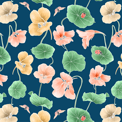 Summer Floral - Nasturtium colorway 2 botanicalillustration fabric floral garden gift greetingcards homedecor illustration kitchenware ladybug luxe nasturtium repeatpattern stationery surfacepatterndesign wallart wallpaper