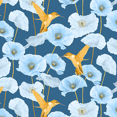 Summer Floral - Poppy colorway 2 botanicalillustration fabric floral greetingcards homedecor hummingbird illustration kitchenware luxe poppy repeatpattern stationery surfacepatterndesign vintage wallart wallpaper