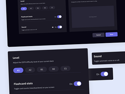 Dark mode settings page dark dark mode desktop figma flashcard app language app preferences purple setting settings settings page toggle ui ux website