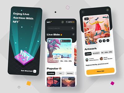 NFT Marketplace App Design app auction bitcoin cryptoart cryptocurrency dark dark mode ethereum exchange interface mobile motion graphics nft nft app platform startup token trade ui ux