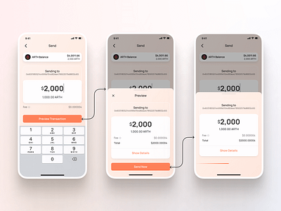 Send money flow - ARTH wallet action card bank blockchain crypto wallet cryptocurrency defi eth ethereum finance fintech interface investment minimal mobile money send money tech transactions ux wallet