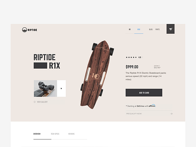 Product Page for RIPTIDE E-Store | Lazarev. 3d animation buy cta description e commerce electric features gallery hero model motion graphics overview product product page skate specs ui ux web