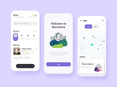 Traveling App app app design barcelona cafe city clean design map minimal museum sign in simple street travel ui user ux weather web