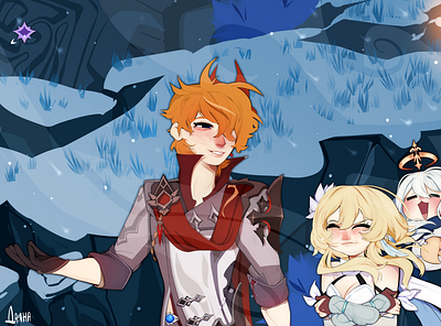 Tartaglia / Lumine / Paimon [GenshinImpact] art artist artwork charactersdesign digital digital painting digitalart fanart fanartartist fanartgame game genshinimpact