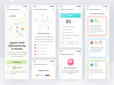 LaunhNity.io Responsive Design app card chat clean community design homepage learn pricing profile testimonial web website