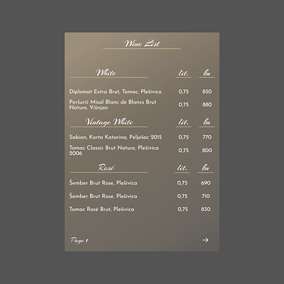 Pricing - Wine List for DailyUI 30 v.2 branding challenge dailyui dailyuichallenge design elegant event menu price ui ux wedding wine