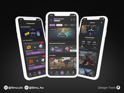 Game Stream - Mobile App adobe xd app chat csgo dark dark mode discord dota 2 figma forum game live mobile popular profile pubg stream streams tournament twitch